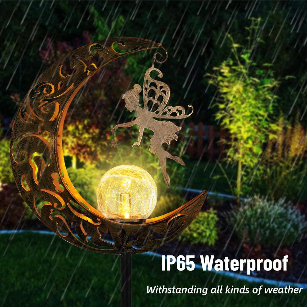 None Outdoor Decor, Moon Fairy Crackle Glass Globe with Angel Yard Pathway Stake Lights Solar Powered Waterproof