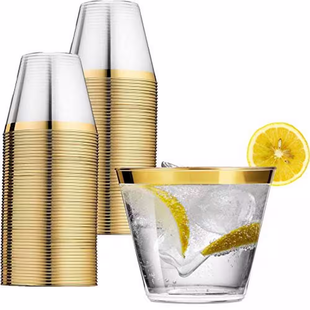 None 9 oz. Gold Rim Clear Disposable Plastic Cups, Party, Cold Drinks, [110/Pack, 15-Packs/Carton]
