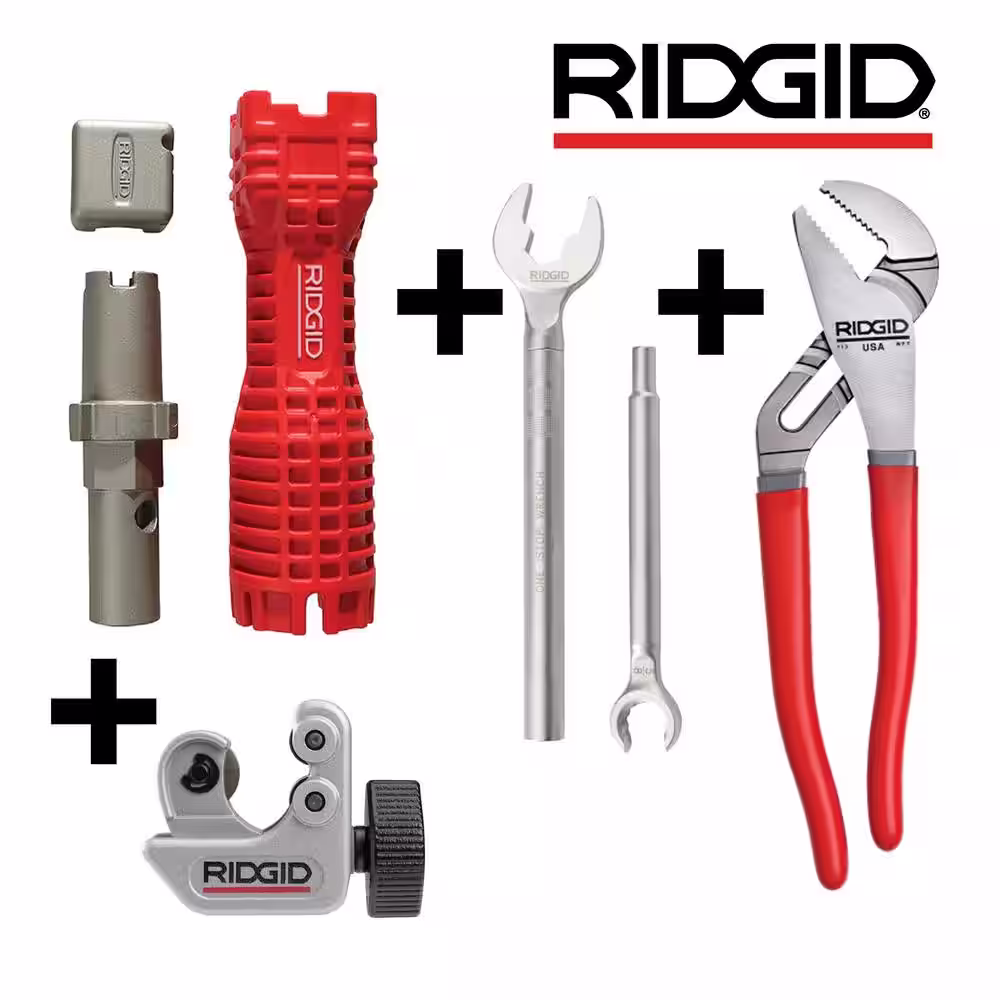 RIDGID EZ Change Faucet Tool + One Stop Wrench + 101 Copper Tubing Cutter + 10 in. Water Pump Pliers Plumbing Essentials Bundle