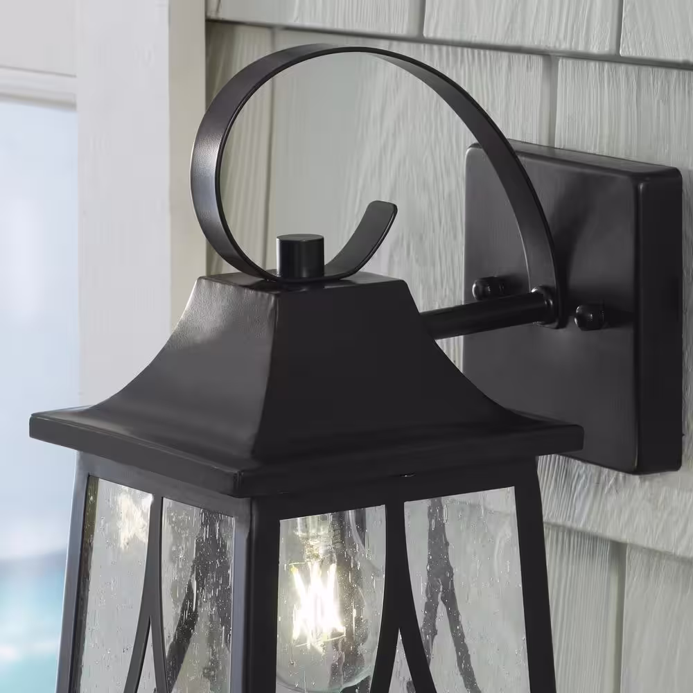 None Drackert 1-Light Flat Black Hardwired Outdoor Wall Lantern Sconce with Seedy Glass