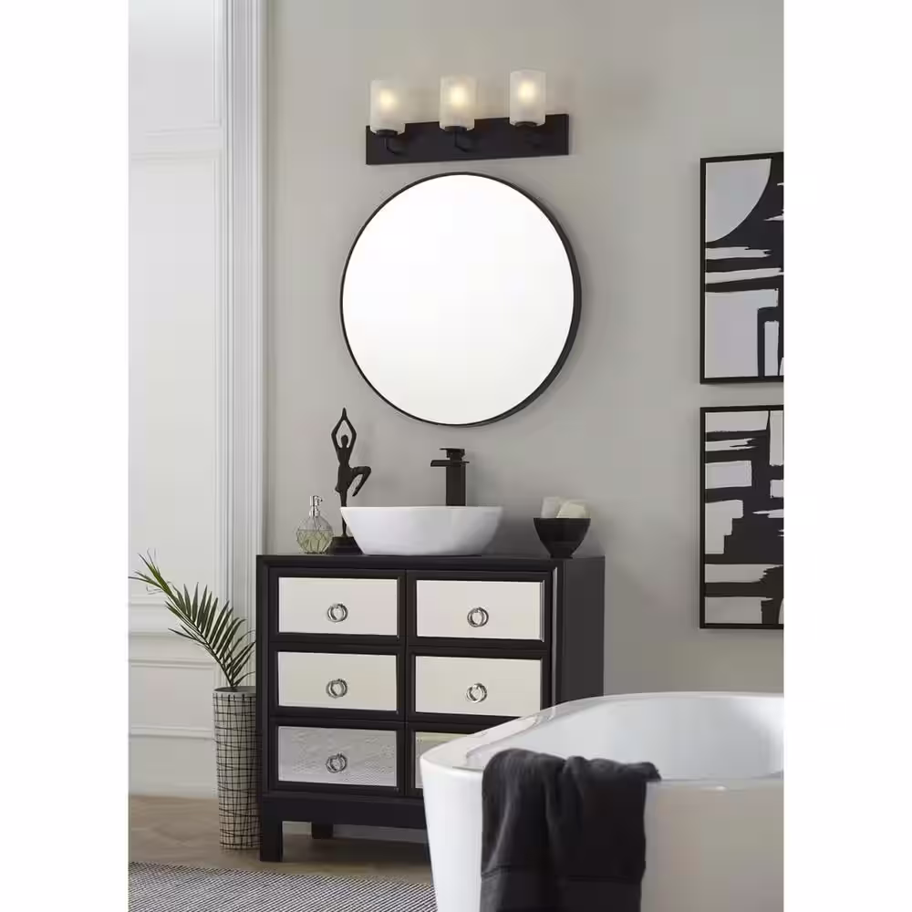 Progress Lighting Merry Collection 24 in. 3-Light Matte Black Etched Glass Transitional Bathroom Vanity Light