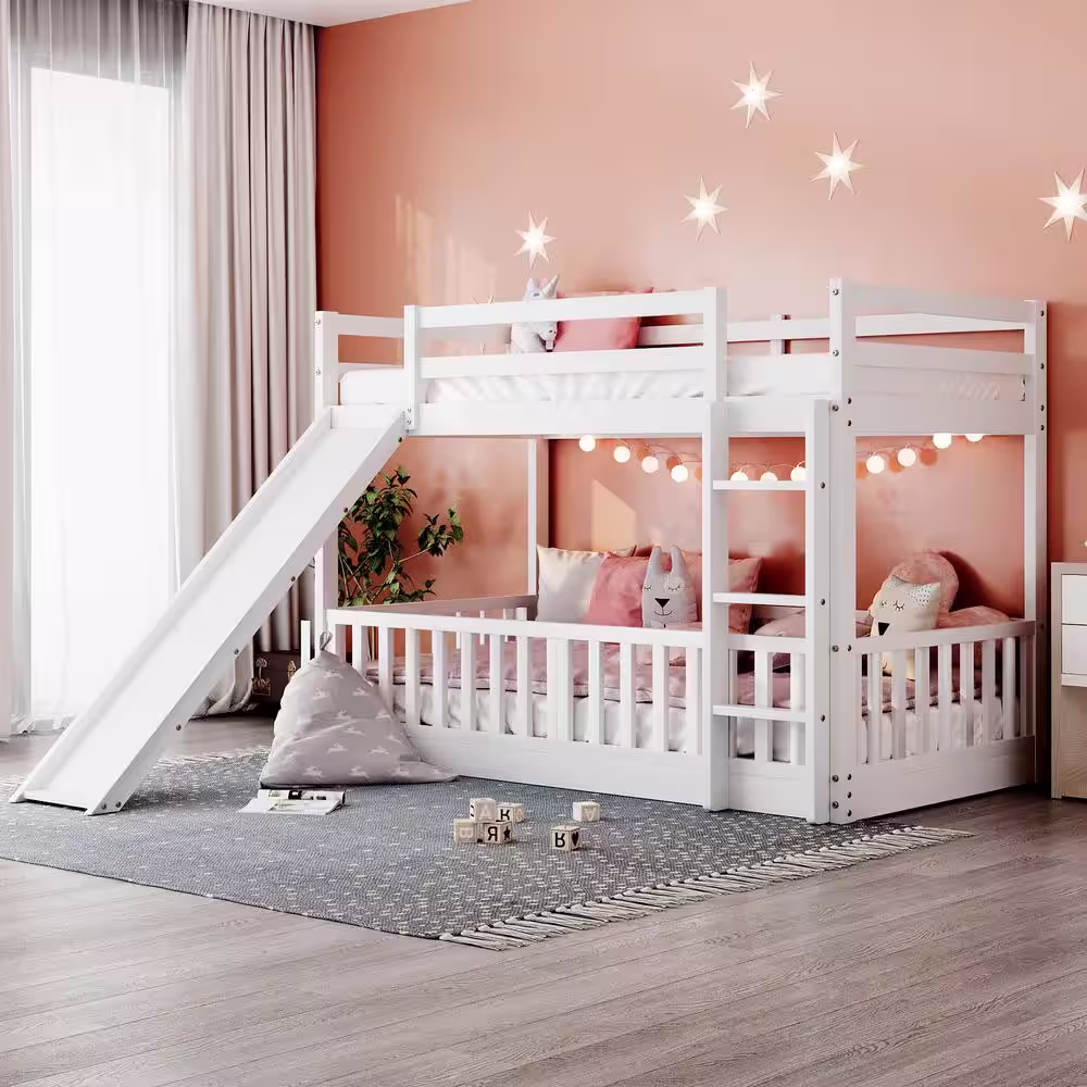 ANBAZAR Twin Over Twin Bunk Bed for Kids, Wooden Bunk Bed with Slide and Ladder, Solid Wood Low Bunk Beds Frame, White