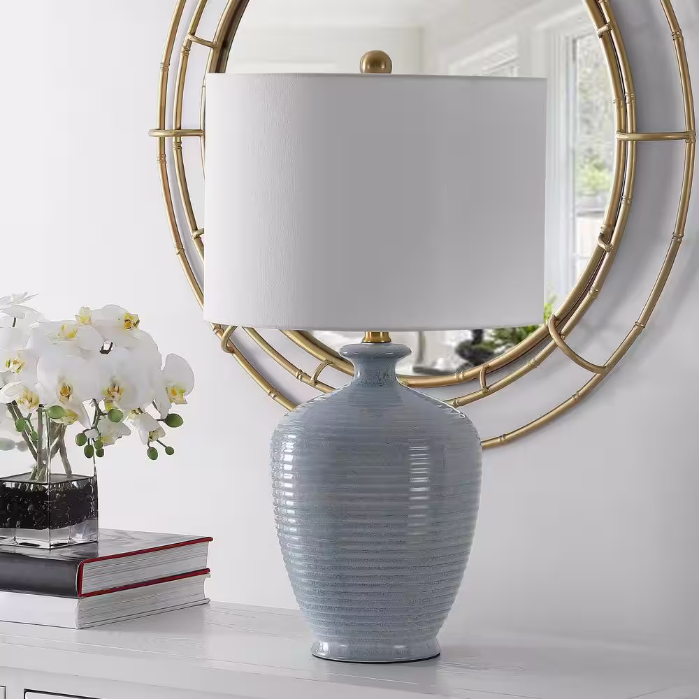 SAFAVIEH Hanron 26 in. Blue Table Lamp with White Shade