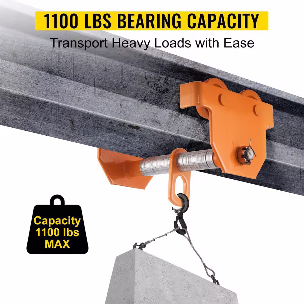 VEVOR 0.5-Ton Manual Trolley 1100 lbs. Load Capacity Beam Trolley 2.5 in. to 8 in. Adjustable Width Push Beam with Dual Wheels