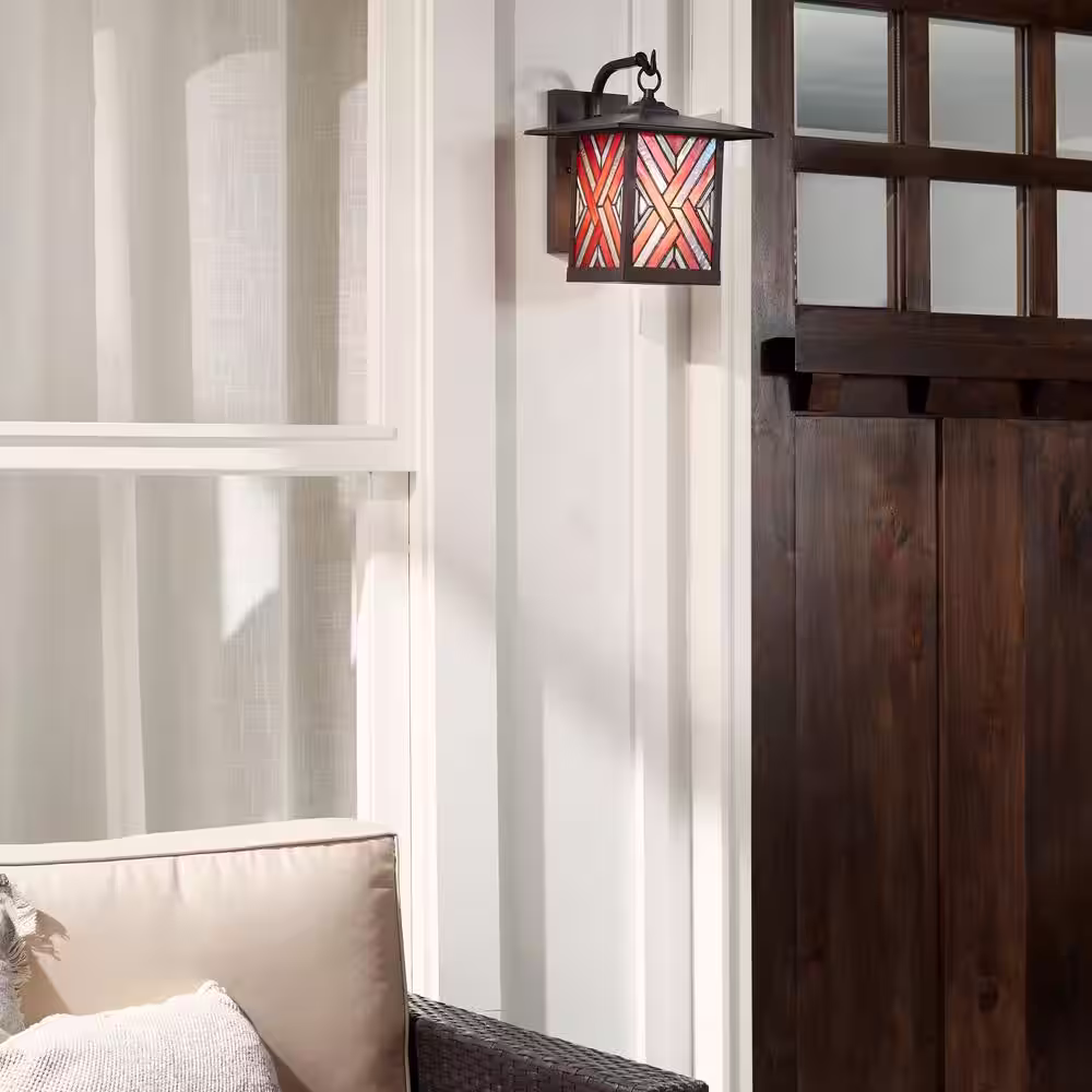 River of Goods Tiernan 1-Light Oil Rubbed Bronze Outdoor Stained Glass Wall Lantern Sconce