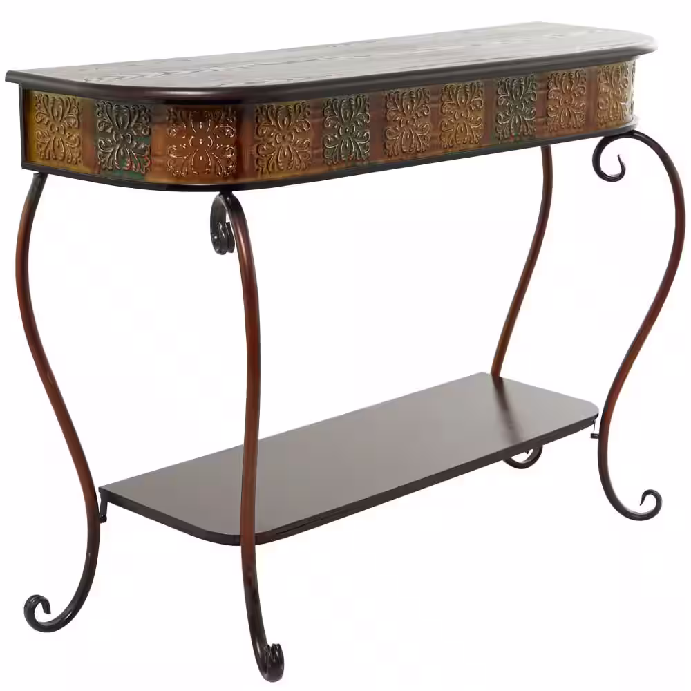 Litton Lane 43 in. Brown Extra Large Rectangle Metal Embossed 1 Shelf Floral Console Table with Ornate Scroll Legs