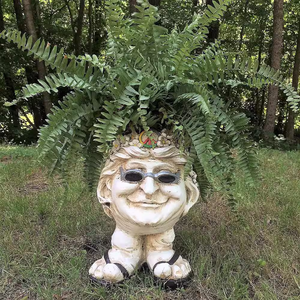 HOMESTYLES 13 in. H Hippie Chick Janice Antique White Muggly Face Planter in Groovy 1960's Attire Statue Holds 4 in. Pot
