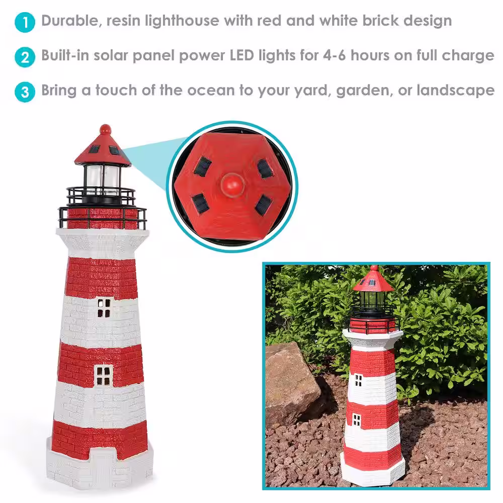 Sunnydaze Decor 36 in. Red Horizontal Stripe Solar LED Garden Statue Lighthouse