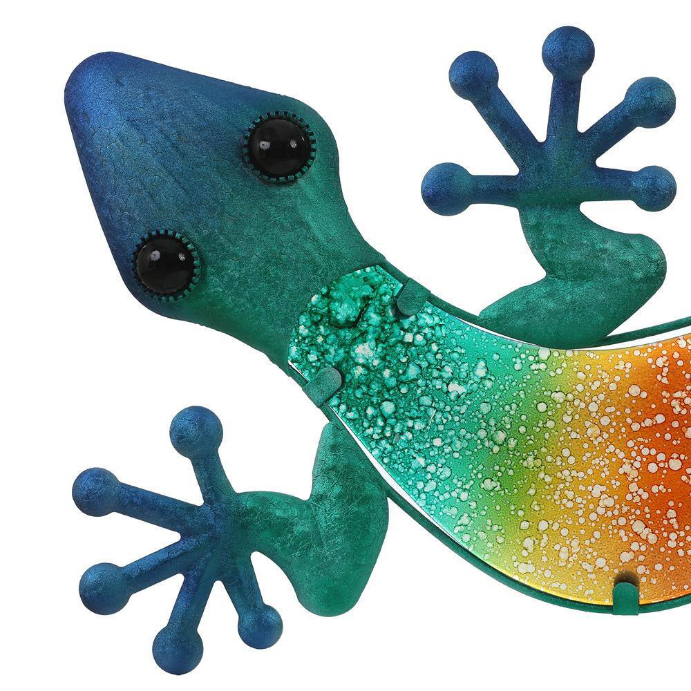 LuxenHome 24 in. Blue Gecko Lizard Metal and Glass Outdoor Wall Decor