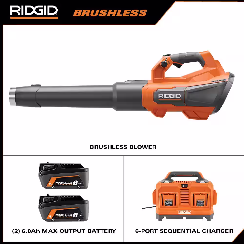 RIDGID 18V Brushless Cordless Blower Kit with 6-Port Sequential Charger and 6.0 Ah MAX Output Batteries (2-Pack)