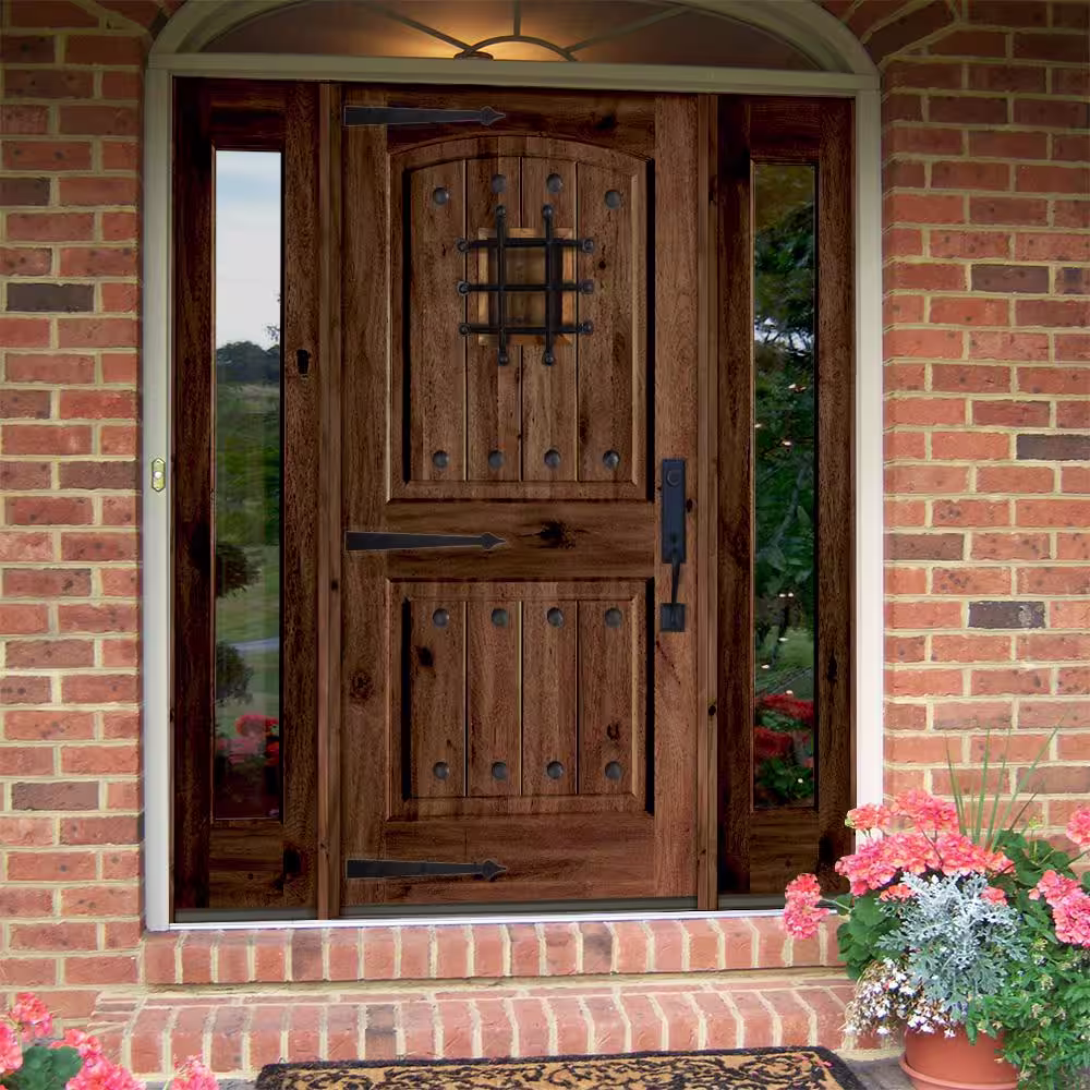 Krosswood Doors 64 in. x 80 in. Mediterranean Alder Arch Top Clear Low-E Unfinished Wood Left-Hand Prehung Front Door/Full Sidelites