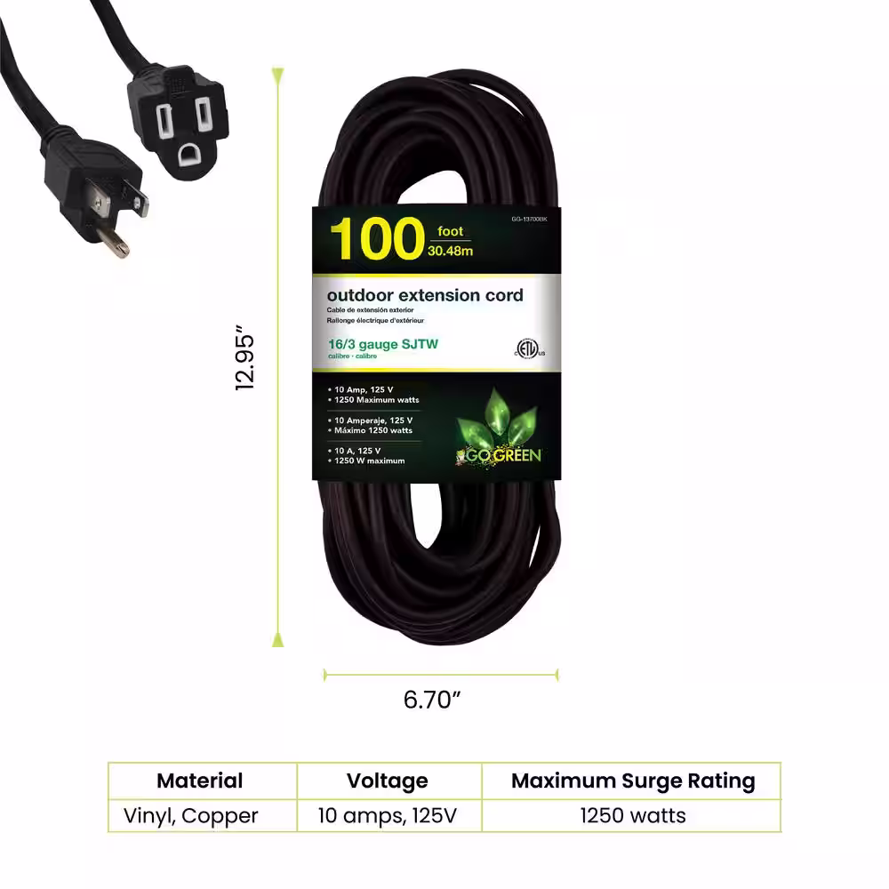 GoGreen Power 100 ft. 16/3 SJT W-A Extension Cord - Black
