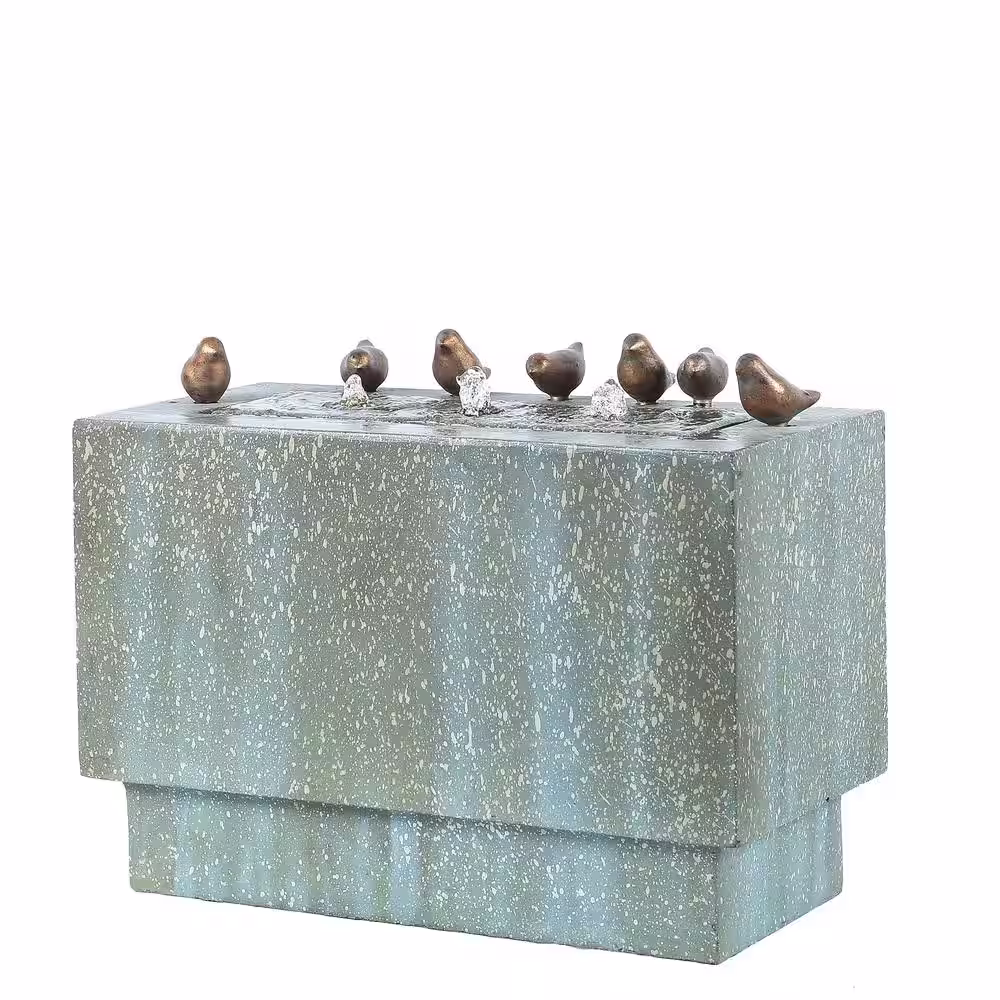 LuxenHome 18 in. H Patina Resin Rectangular Bubbler Outdoor Fountain with LED Lights and Bronze Birds