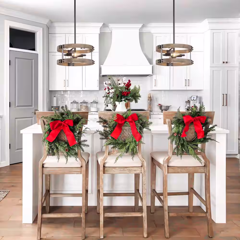 LNC Wood Drum Pendant Farmhouse 2-Light Dark Brown Caged Chandelier Black Kitchen Island Ceiling Light for Dining Room