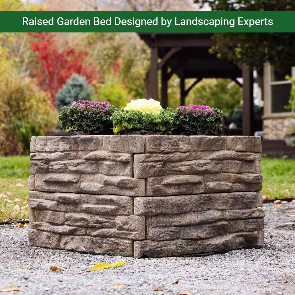 Landecor Raised Garden Bed Tan/Brown Ledgestones Composite Polyurethane Natural Look and Feel Stone Garden Planter Box (4-Pack)