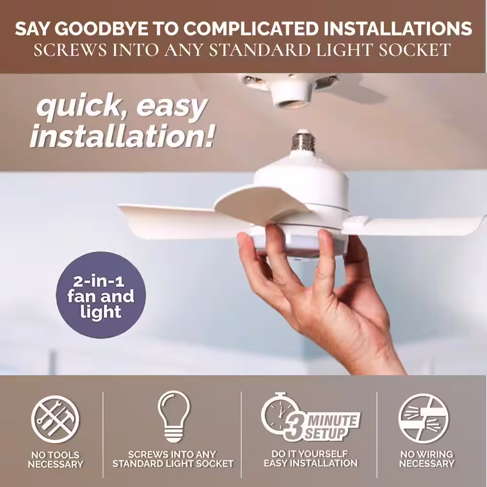 BELL+HOWELL Socket Fan 15.7 in. Indoor White Socket Ceiling Warm Light Fan with Remote