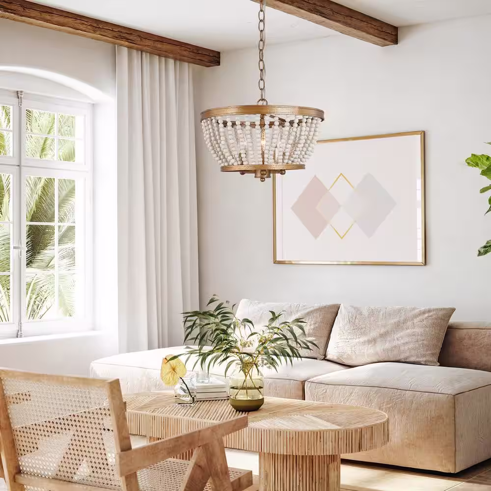 Uolfin Boho Beaded Drum Chandelier Light 3-Light Modern Farmhouse Antique Gold Chandelier Light with White Wooden Beads