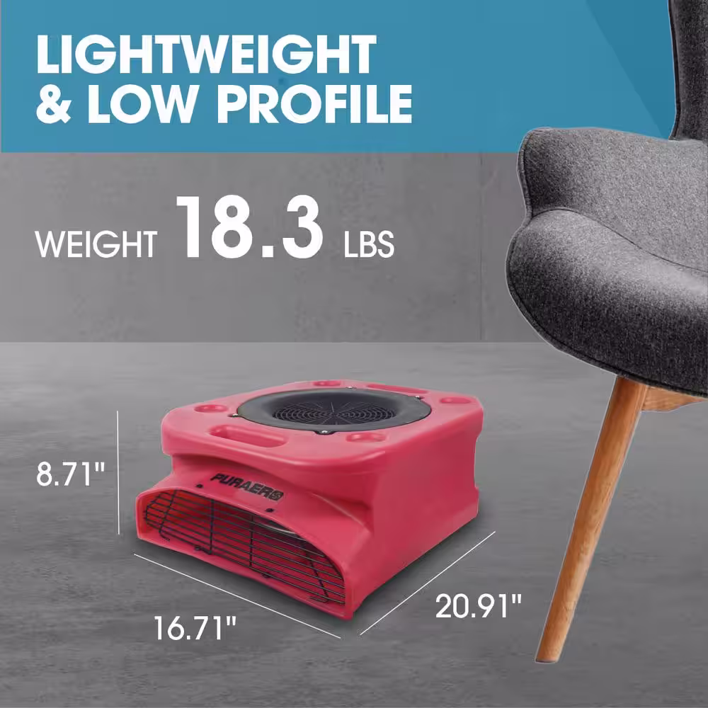 None 1/4 HP Low Profile Air Mover Carpet Dryer Blower Floor Fan with 1100 CFM, GFCI Daisy Chain, Red
