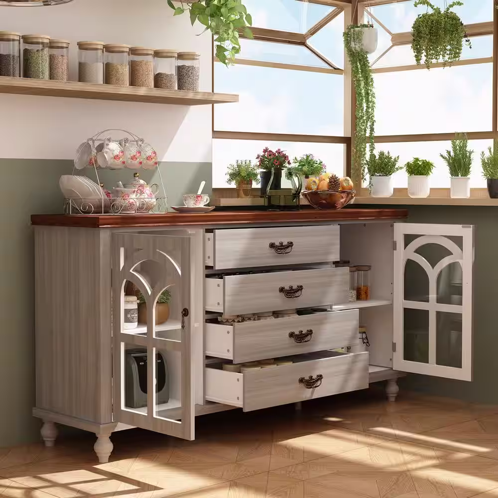 None Gray Paint finish Wood 63 in. W Sideboard Retro Farmhouse Style with 4-Drawers, Acrylic Doors and Solid Wood Legs