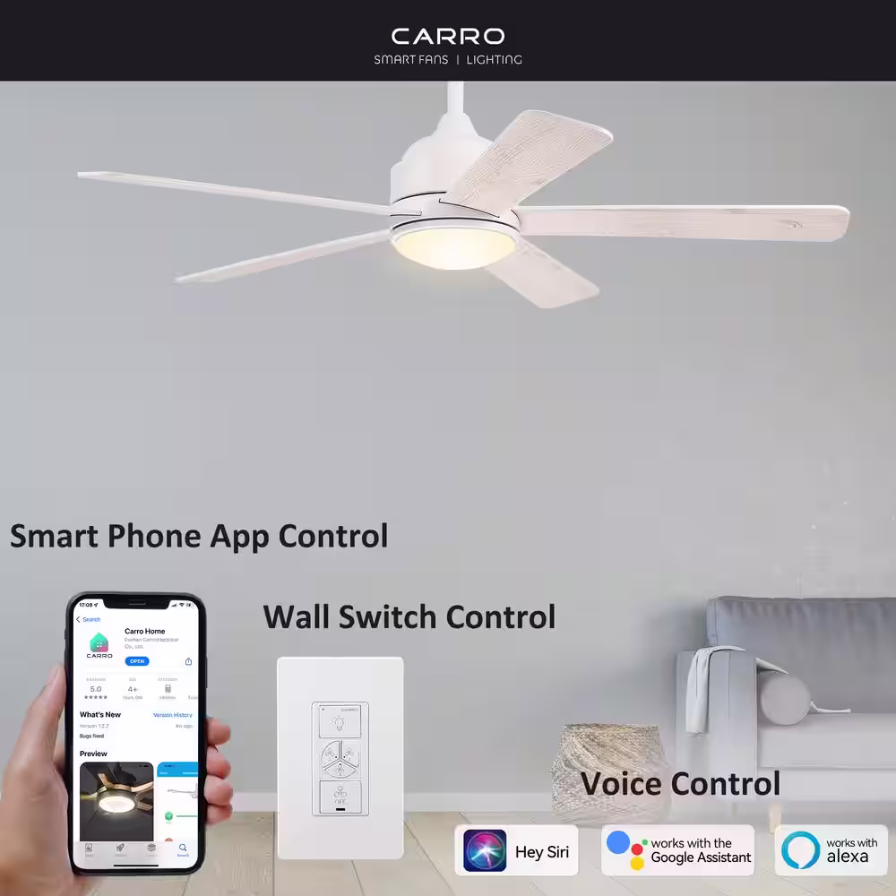 CARRO Soran 52 in. Integrated LED Indoor White Smart Ceiling Fan with Light Kit and Wall Control, Works with Alexa/Google Home