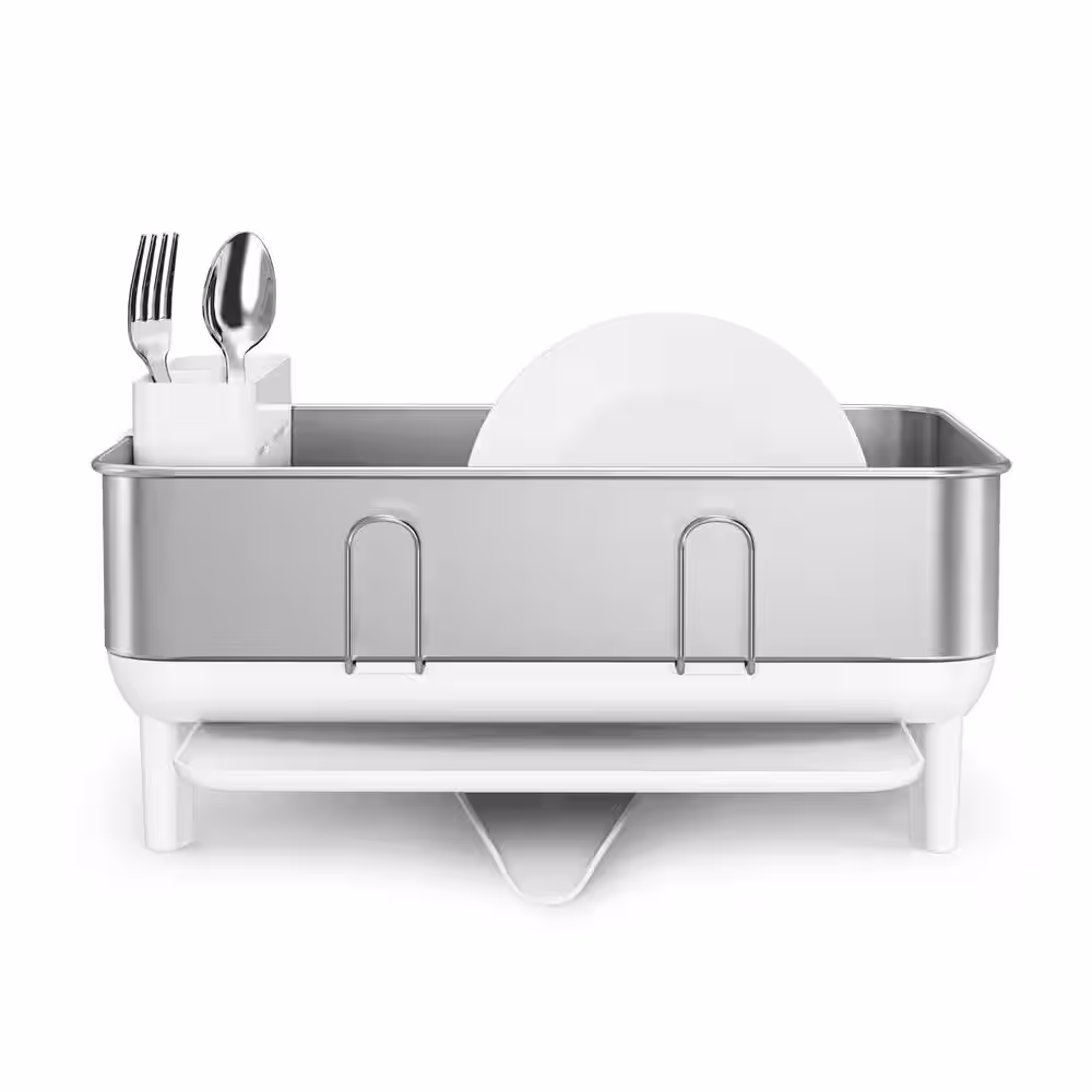 simplehuman Compact Kitchen Steel Frame Dish Rack with Swivel SpOut, White Plastic