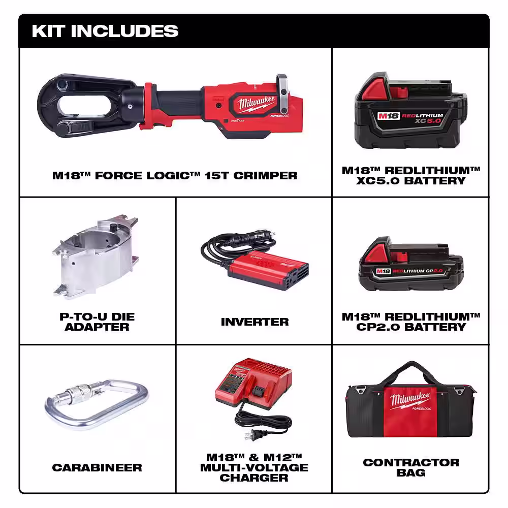 Milwaukee M18 18V 15-Ton Lithium-Ion Cordless FORCE LOGIC Utility Crimper with 2-Batteries, Charger Tool Bag