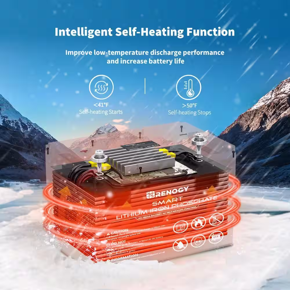 Renogy 12-Volt 100Ah Smart LiFePO4 Lithium-Iron Phosphate Battery w/ Self-Heating Function for Off-Grid Applications