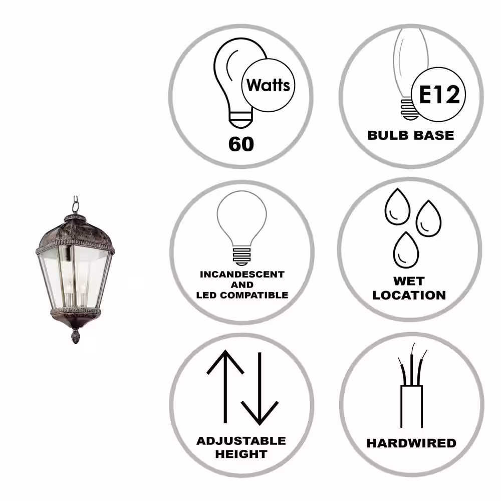 Bel Air Lighting Covington 3-Light Burnished Rust Hanging Outdoor Pendant Light Fixture with Clear Glass