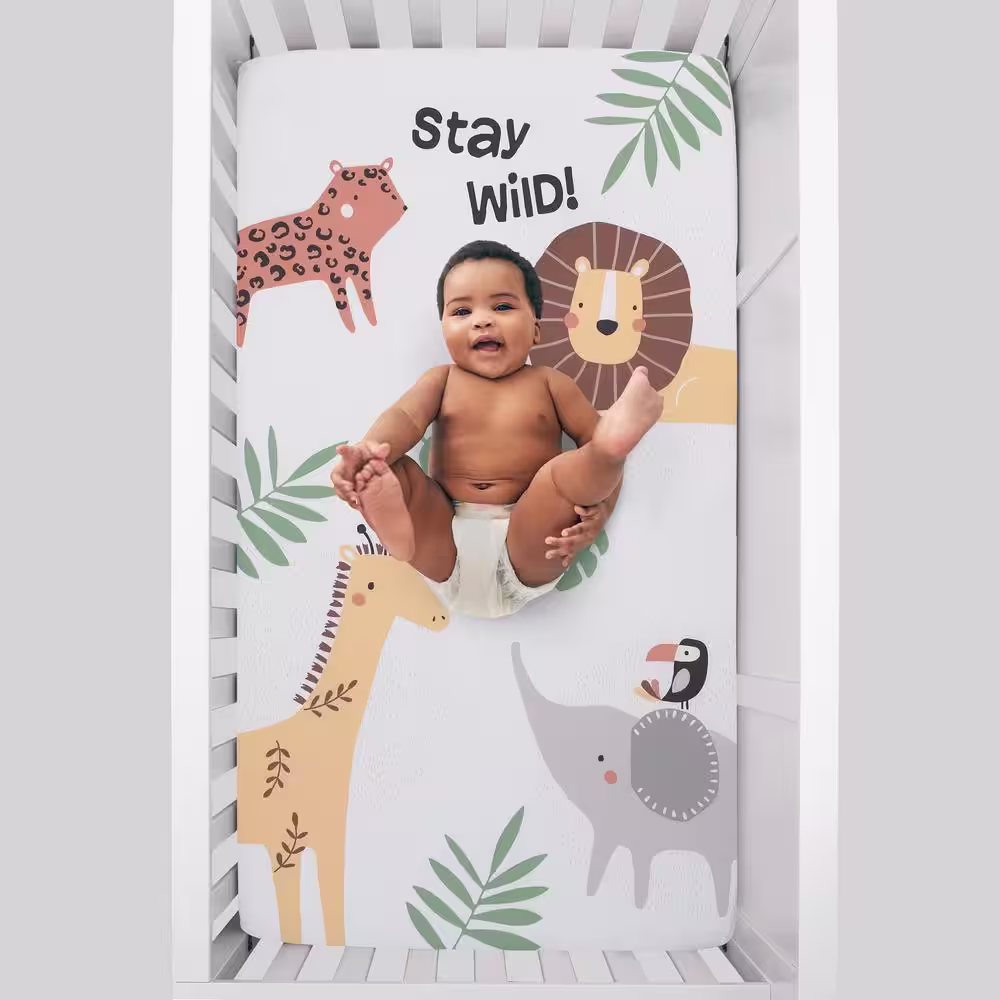 NoJo Jungle Trails White, Green and Gold Stay Wild Animal Print with Leaves 100% Cotton Nursery Fitted Crib Sheet