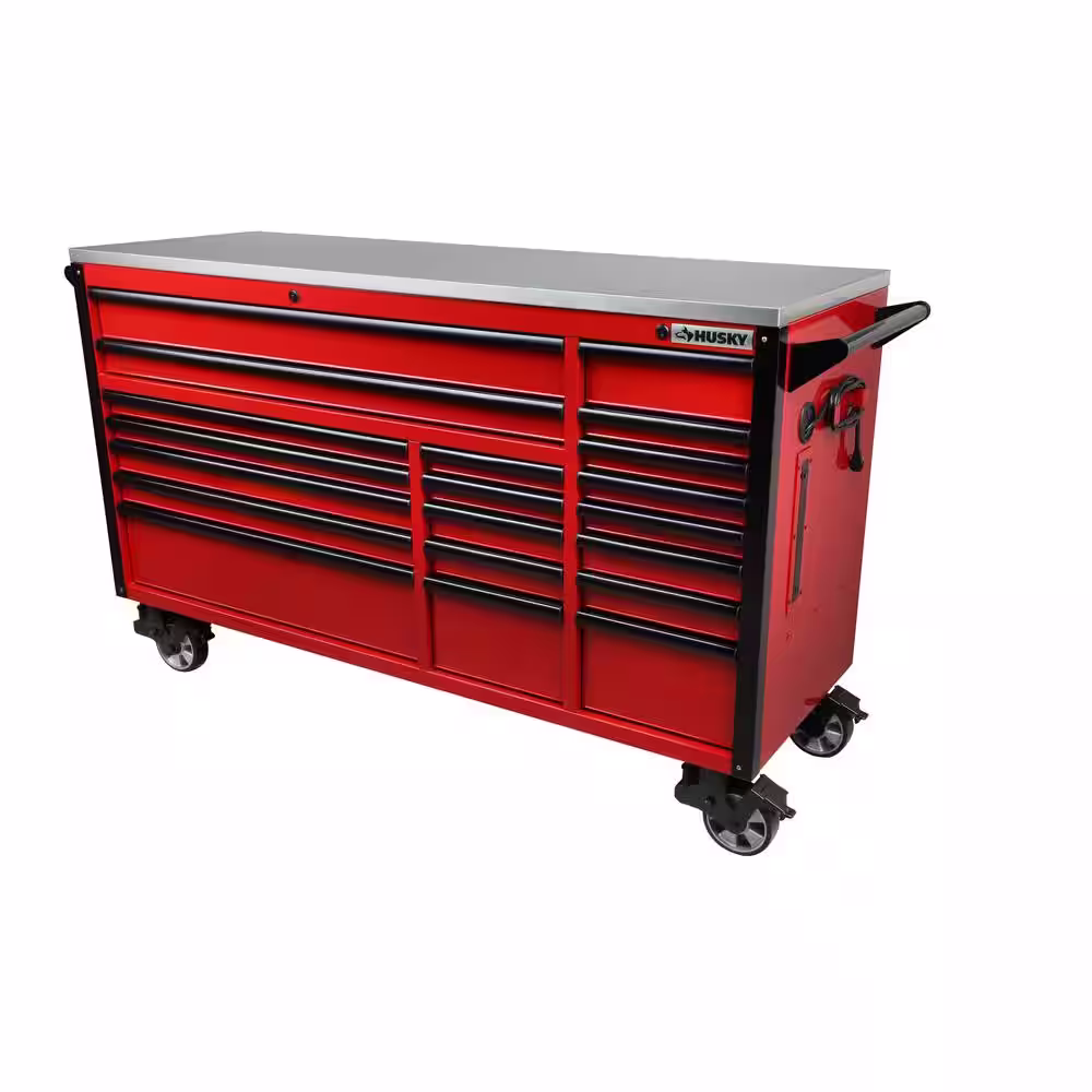 Husky 72 in. W x 24.5 in. D Professional Duty 20-Drawer Mobile Workbench Combo with Top Hutch and Top Locker in Gloss Red