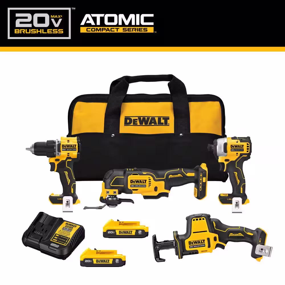 DEWALT ATOMIC 20-Volt Lithium-Ion Cordless Brushless Combo Kit (4-Tool) with (2) 2.0Ah Batteries, Charger and Bag