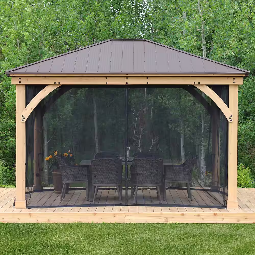 Yardistry Meridian 12 ft. x 14 ft. Premium Cedar  Shade Gazebo with Coffee Brown Aluminum Roof and UV resistant Phifer Mesh Kit