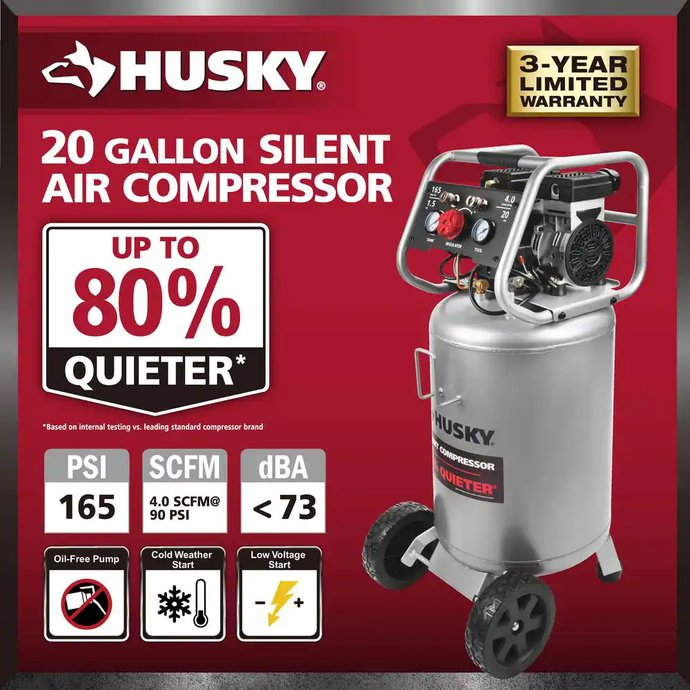 Husky 20 Gal. Vertical Electric-Powered Silent Air Compressor