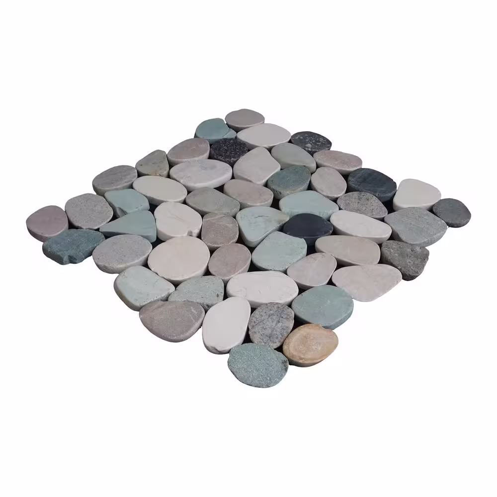 TILE CONNECTION Sliced Pebble Tile Black/Green/Tan 11-1/4 in. x 11-1/4 in. x 9.5mm Honed Pebble Mosaic Tile (9.61 sq. ft. / case)