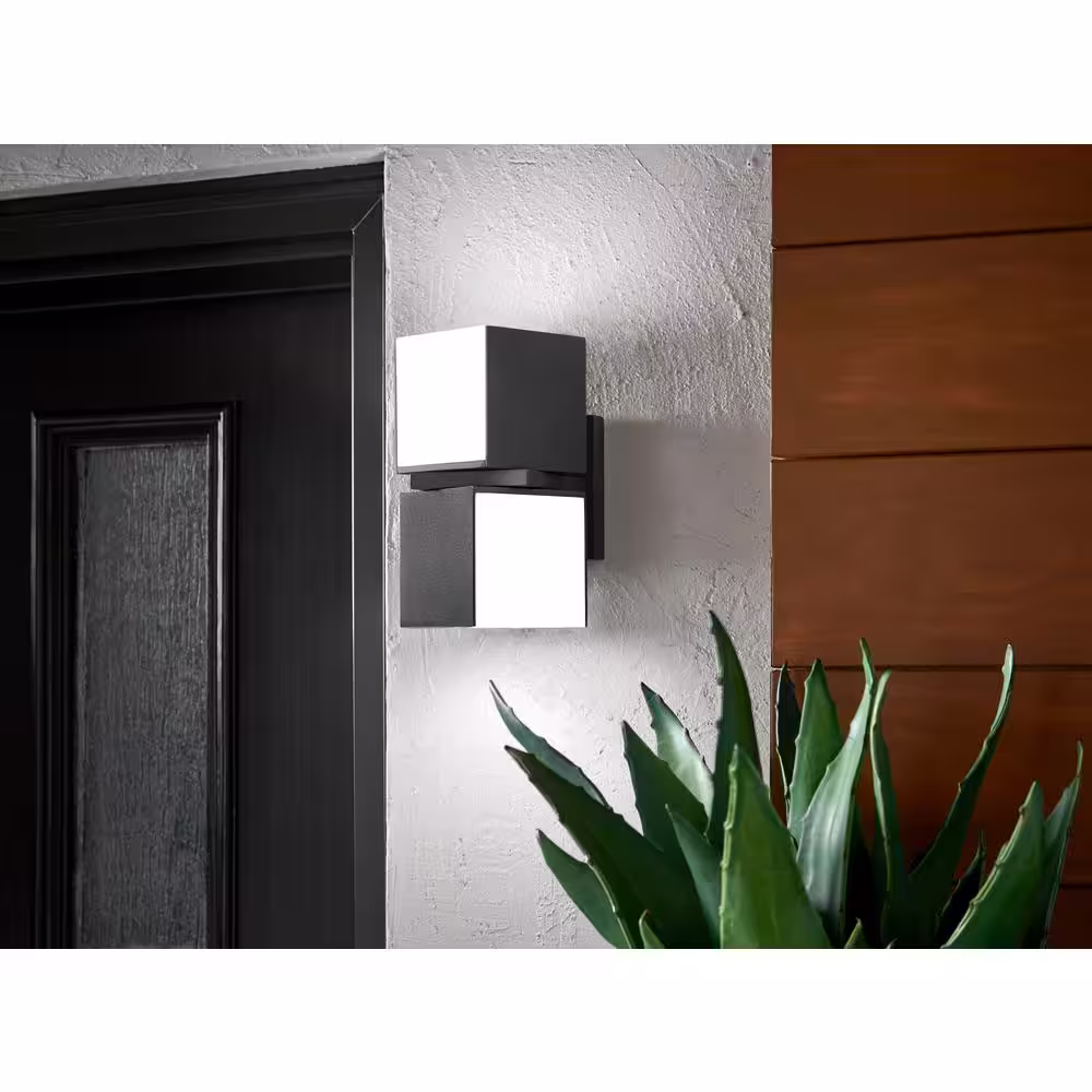 Home Decorators Collection Keating 2-Light Dark Grey LED Outdoor Wall Lantern Sconce Light with Opal PC