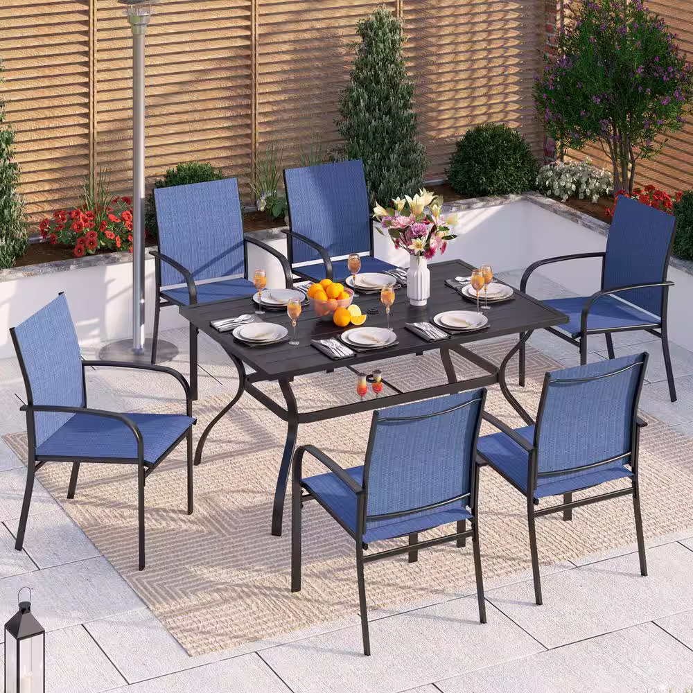 None Black 7-Piece Metal Slat Rectangle Table Outdoor Patio Dining Set with Blue Textilene Chairs