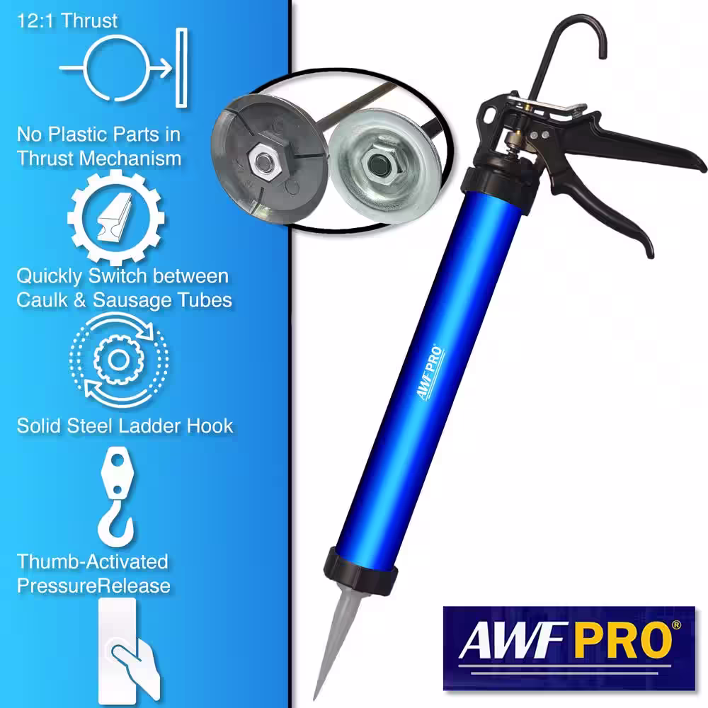 AWF PRO 20 oz. Pro Sausage and Bulk Caulk Gun Aluminum Barrel 12:1 Thrust Ratio with 9 Replacement Tips