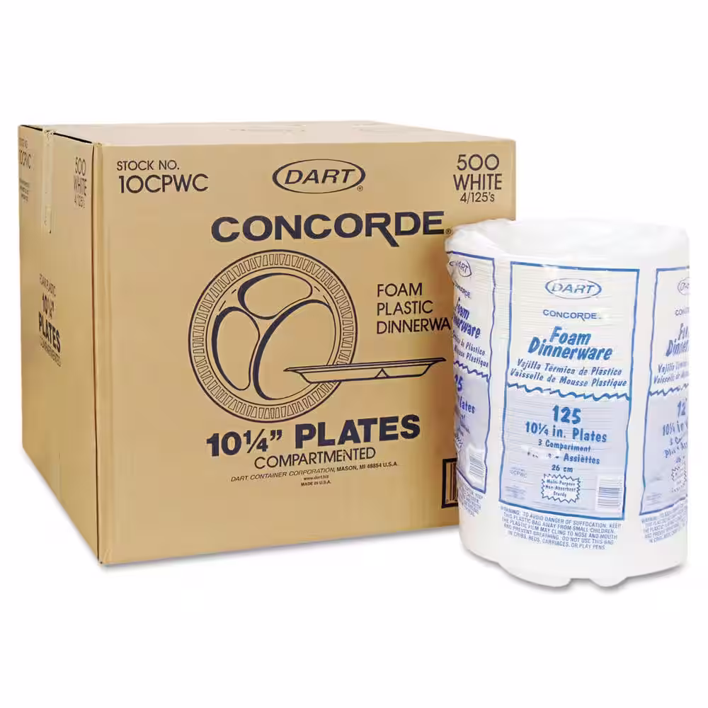 DART 10-1/4 in. Concorde Non-Laminated 3-Compartment Foam Plastic Plates in White (500 Per Case)