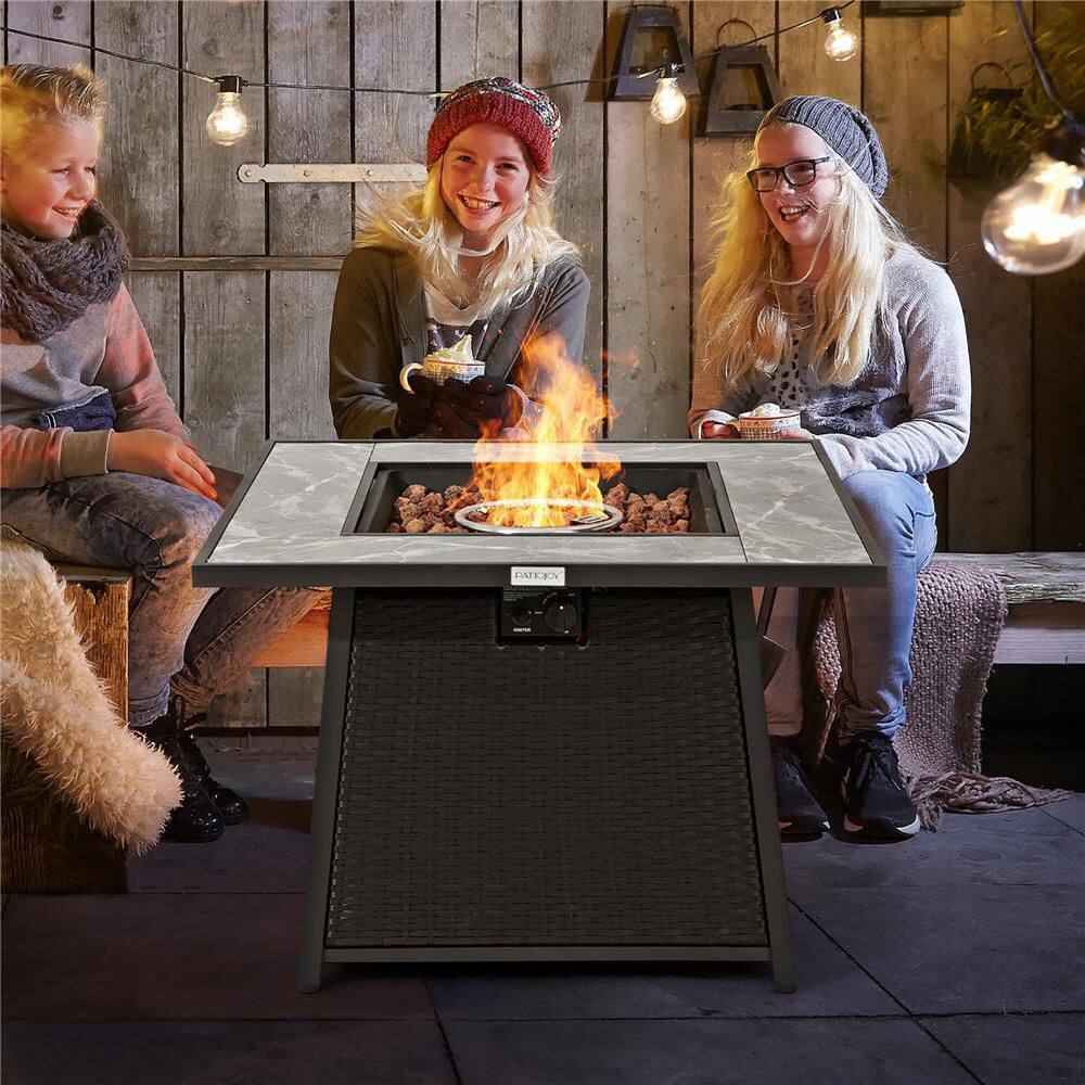 Costway 35 in. Propane Gas Fire Pit Table Patio PE Wicker Rattan w/Lava Rocks PVC Cover