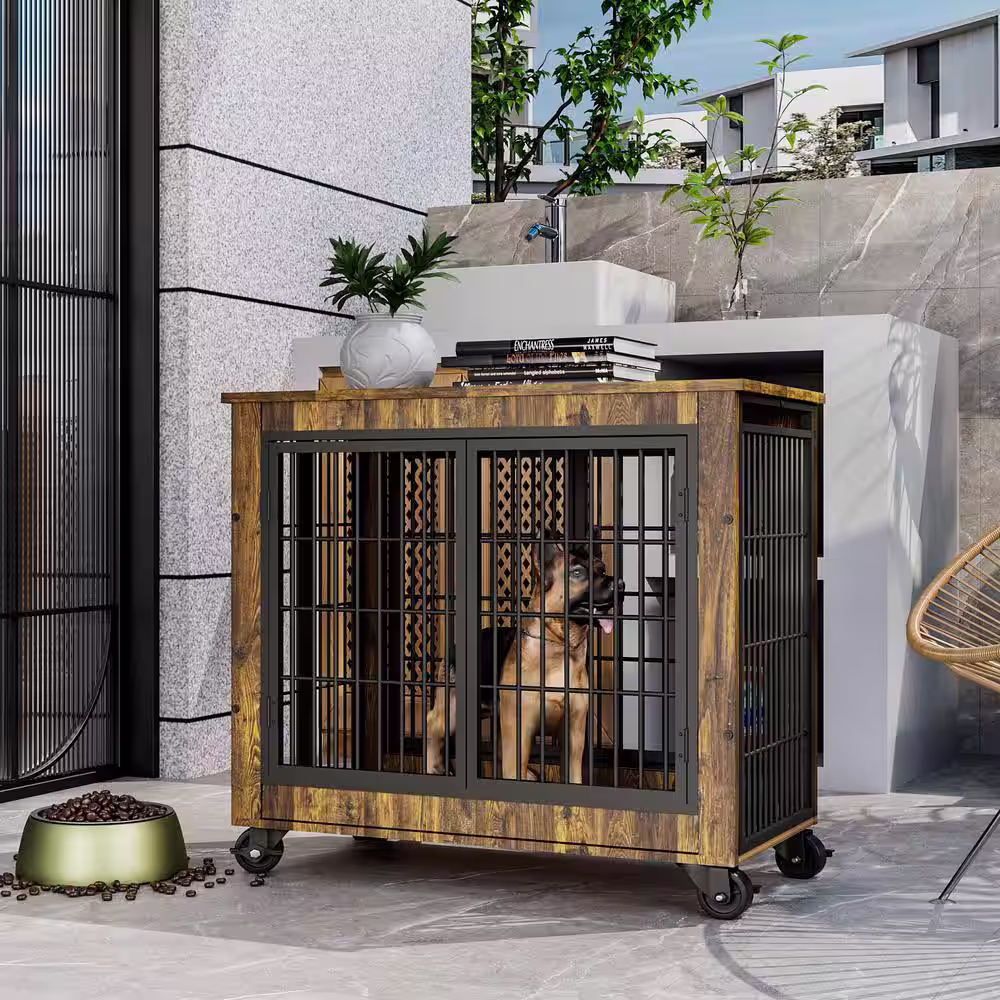 None 31.50 in. W x 22.05 in. D x 24.8 in. H Rustic Brown Wood Double Door Dog Crate for Balcony, Patio