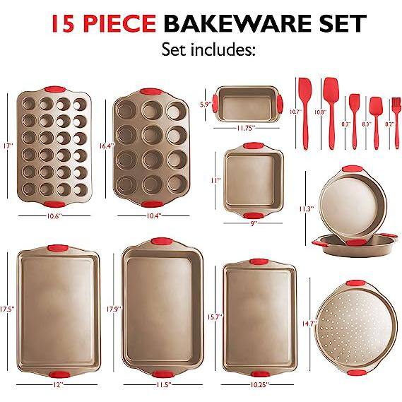 EATEX 39-Piece Nonstick Brown Steel Bakeware Set with Black Utensil and Silicone Handles