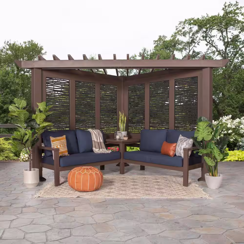 Backyard Discovery Hillsdale 8 ft. x 8 ft. Brown Steel Traditional Steel Cabana Pergola with Conversation Seating in Indigo