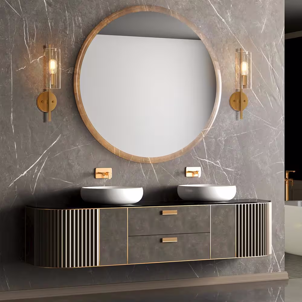 Uolfin 17 in H. Modern Cylinder Powder Room Wall Sconce 1-Light Large Brass Gold Bathroom Single Light with Seeded Glass Shade