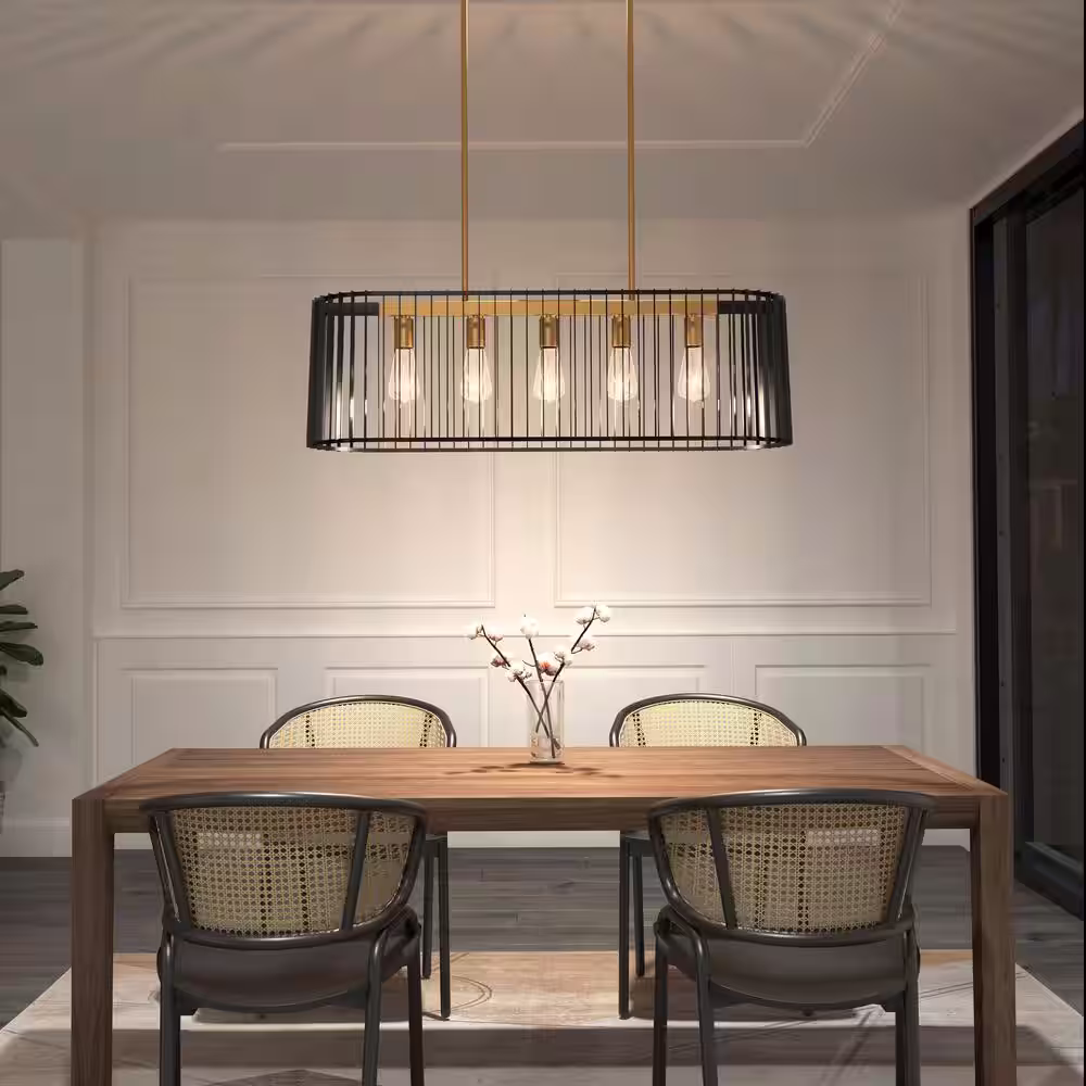 Artika Gatsby 60-Watt 5 Light Black and Gold Modern Cage Pendant Light Fixture for Dining Room or Kitchen