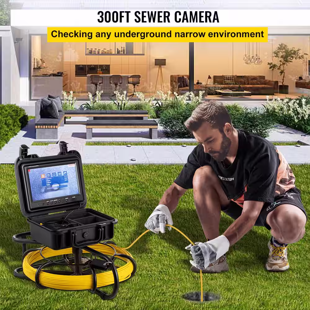 VEVOR Pipeline Inspection Camera 300 ft. Sewer Pipe Camera 9 in. Screen with 8 GB DVR SD Card LED Light for Home Wall Duct