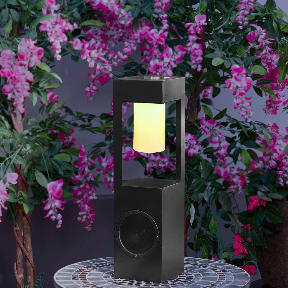 Alpine Corporation 24 in. H Black Modern Outdoor Solar-Powered Metal Lantern with 1 Pendant LED-Light and Bluetooth Speaker