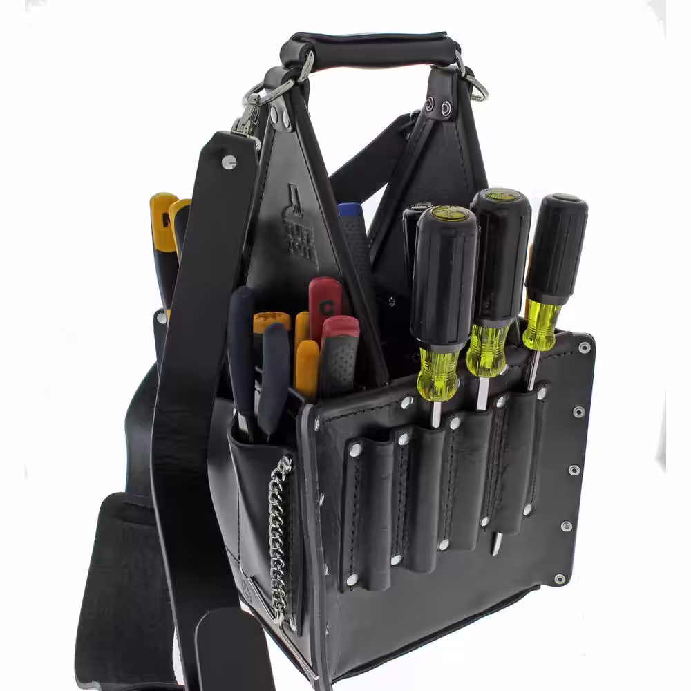 IDEAL Tuff-Tote 9 in. W 17-Pocket Black Premium Leather Ultimate Tool Bag with Strap
