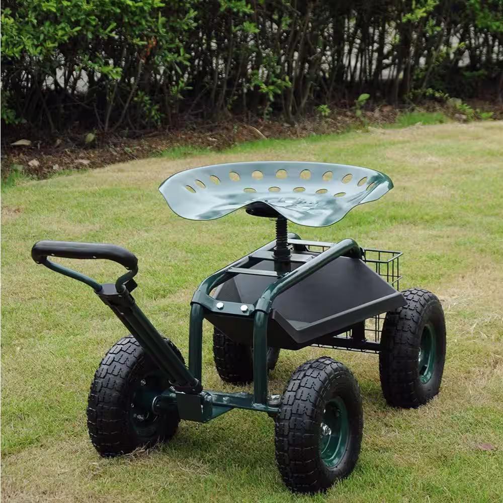 None 0.18 cu. ft. Rolling Steel Garden Cart with Tool Tray and 360 Swivel Work Seat