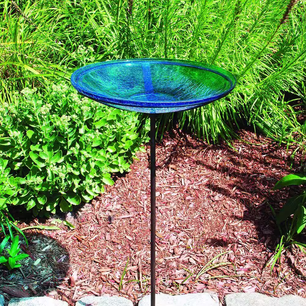 Achla Designs 14 in. Dia Teal Blue Reflective Crackle Glass Birdbath Bowl with Stake