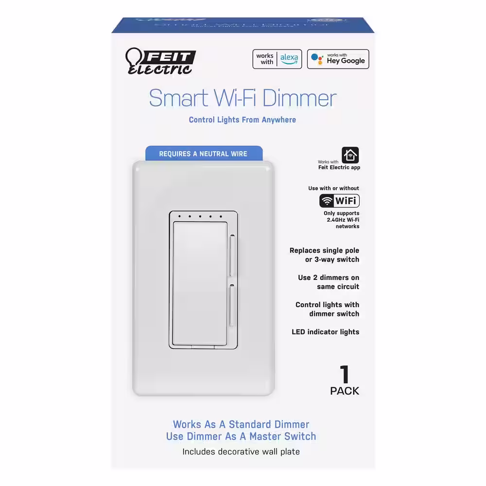 Feit Electric Smart Home Wi-Fi Connected Wireless Dimmer Switch No Hub Required, Alexa/Google Assistant Compatible, White (3-Pack)